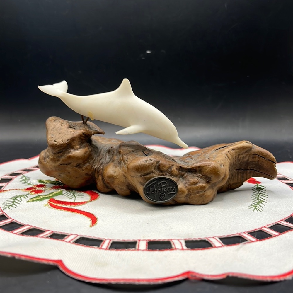 John Perry Dolphin Burl Wood Sculpture GUC